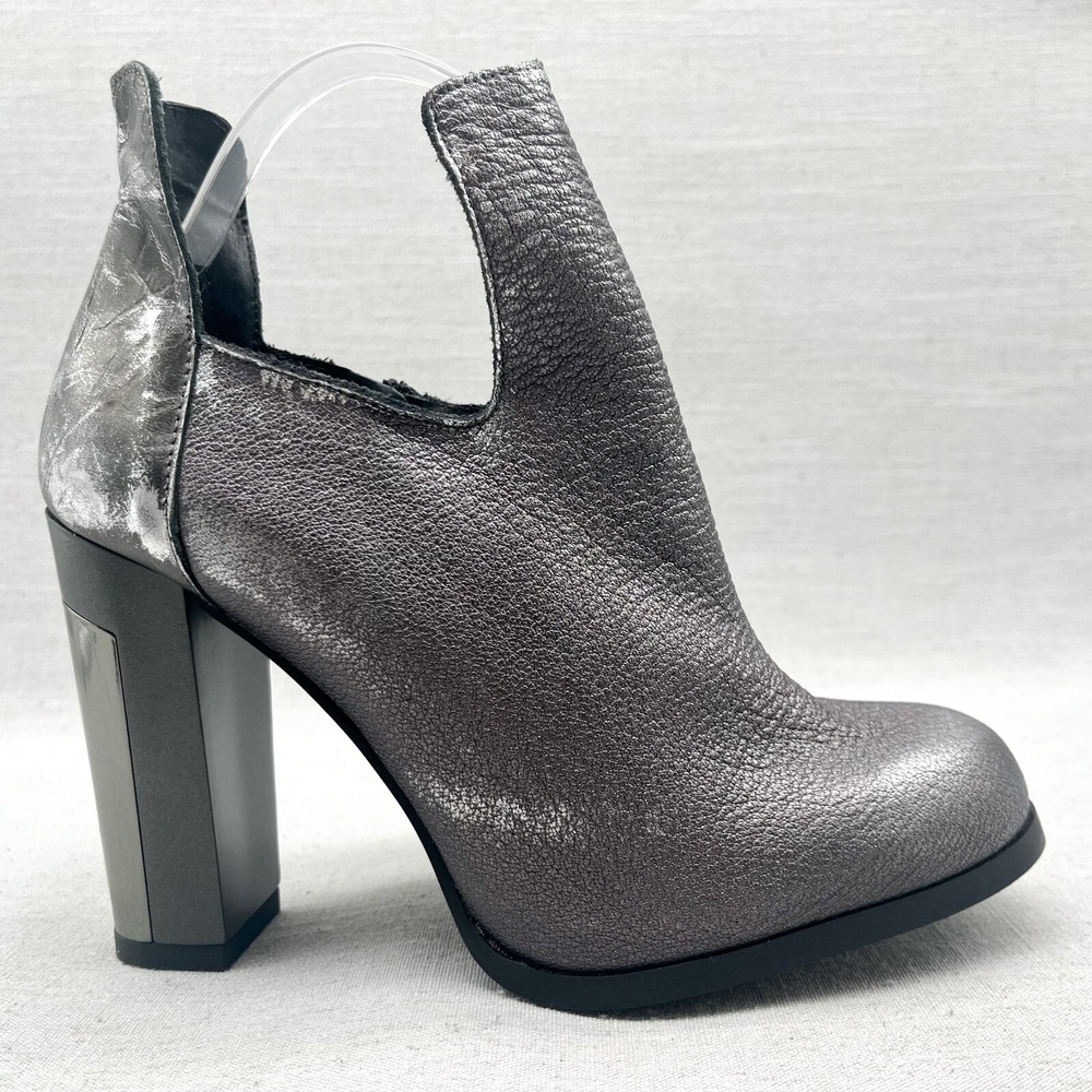 Miista Womens 39/ 9 Ciara Open Boots Silver Leather Metallic‎ Block Heels Bootie